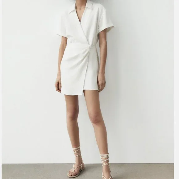 ZARA WHITE WRAP V NECK SHORT SLEEVE DRESS - Picture 2 of 9